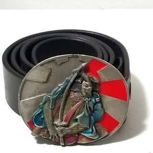 Vtg. 1994 Bergamot Samurai and Rising Sun Buckle w/Brown Leather Belt. Size: 32.